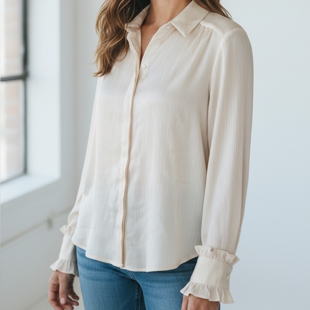 Vero Moda Cambria Collared Button Down Blouse Top Long Sleeve Birch Cream NWT S
